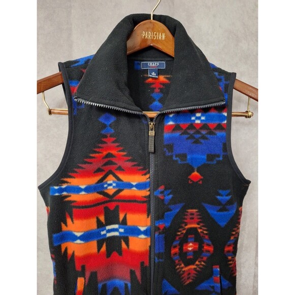 Vtg Chaps Denim Ralph Lauren Axtec Fleece Vest Womens Medium Southwestern Zip - Picture 5 of 10